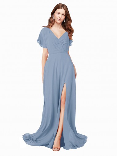 Cheapest Chiffon Prom Dress with Flutter Sleeves and Front Slit UK