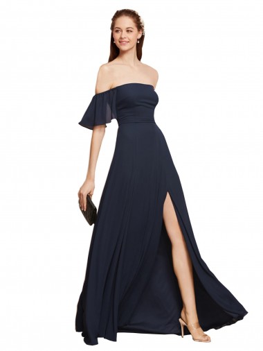 Cheapest Off the Shoulder Floaty Sleeves Chiffon Prom Dress with High Slit UK