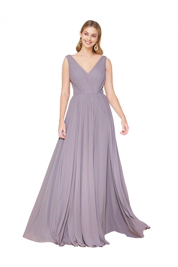 Cheapest Draped Floor Length High Neck V-Back Chiffon Prom Dress with Shirred Bodice UK