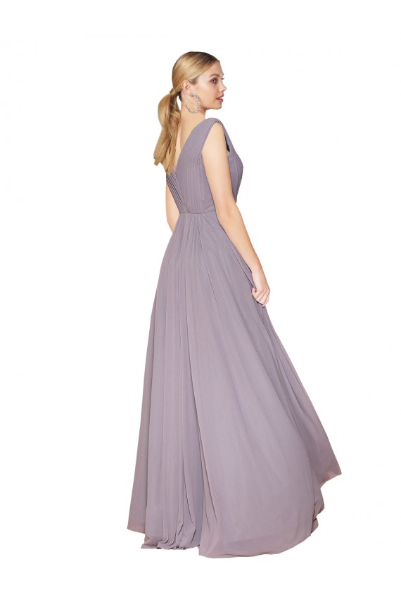 Cheapest Draped Floor Length High Neck V-Back Chiffon Prom Dress with Shirred Bodice UK