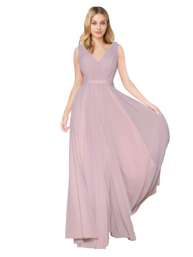 Cheapest Draped V-Neck Long Chiffon Prom Dress with Shirred Bodice UK