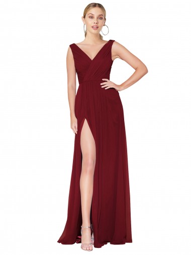 Cheapest Draped Mermaid Long V-Neck Chiffon Prom Dress with High Slit UK