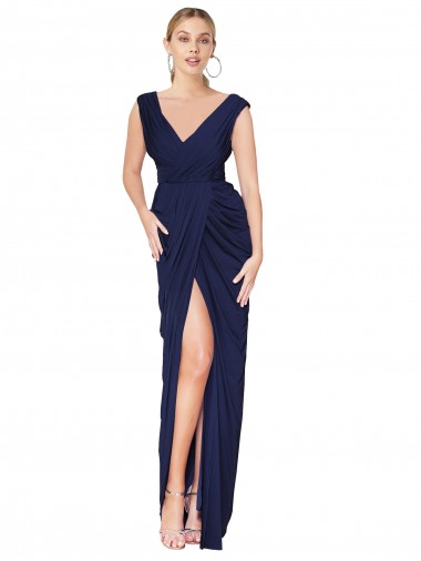 Cheapest Draped V-Neck Long Chiffon Prom Dress with Front Slit UK