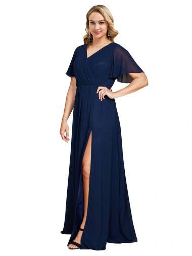 Cheapest Chiffon V-Neck Short Sleeves Long Prom Dress with High Slit UK