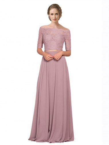 Cheapest Off the Shoulder Lace Crop Top A-Line Chiffon Prom Dress UK