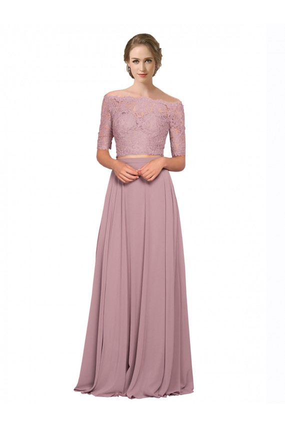 Cheapest Off the Shoulder Lace Crop Top A-Line Chiffon Prom Dress UK