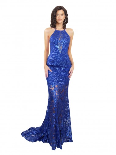 Cheapest High Neck Long Open Back Lace Prom Dress with Train UK