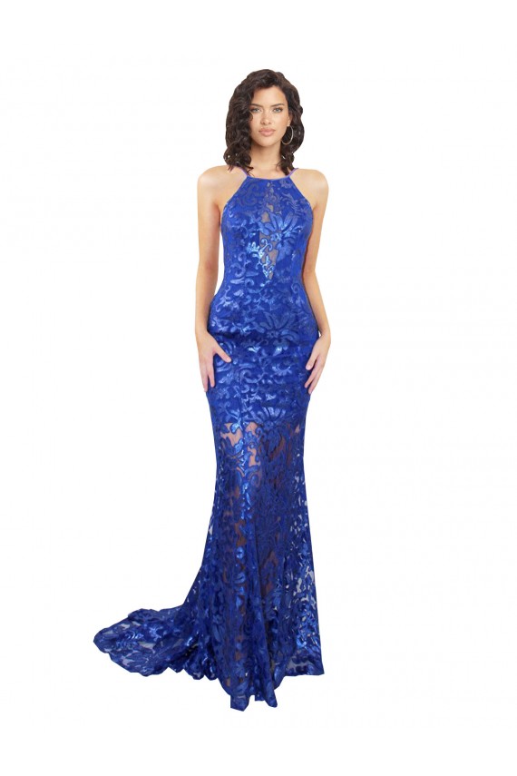 Cheapest High Neck Long Open Back Lace Prom Dress with Train UK