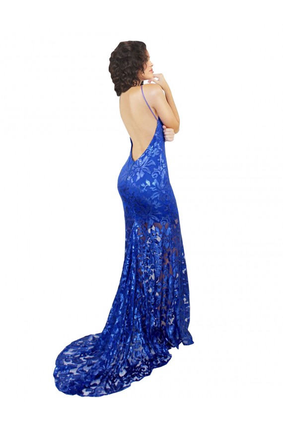 Cheapest High Neck Long Open Back Lace Prom Dress with Train UK