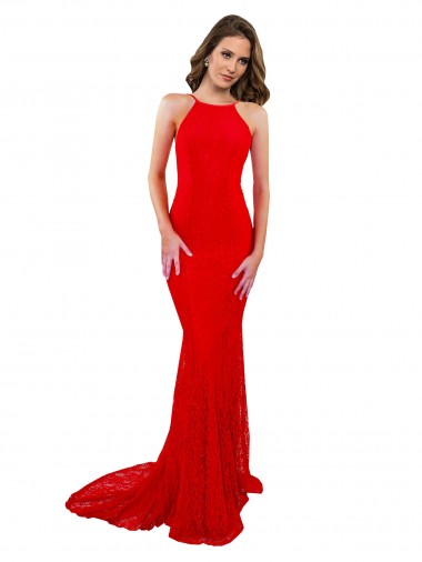 Cheapest High Neck Long Lace Prom Dress with Open Back Straps UK