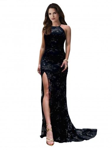 Cheapest High Neckline Lace Open Back Prom Dress with High Slit UK