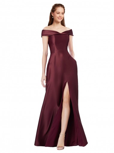 Cheapest Long Off the Shoulder Satin Prom Dress with Thigh-high Slit UK