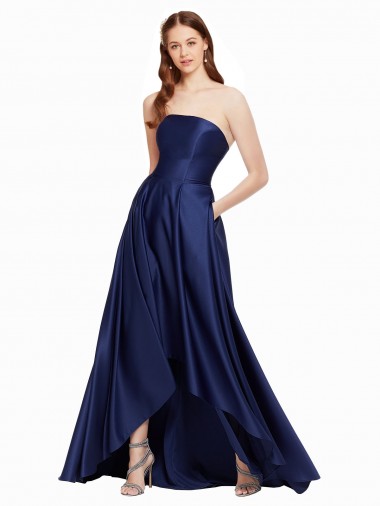 Cheapest High Low Strapless Satin Prom Dress with Pockets UK