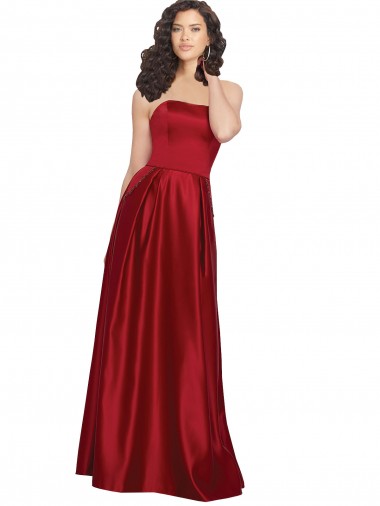 Cheapest Strapless Satin Prom Dress with Beaded Pocket and Soft Pleating UK