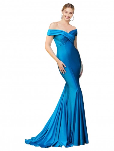 Cheapest Off the Shoulder Long Chapel Train Satin Prom Dress UK