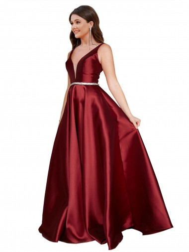 Cheapest Sleeveless Deep V-Neck A-Line Satin Prom Dress with Pockets UK