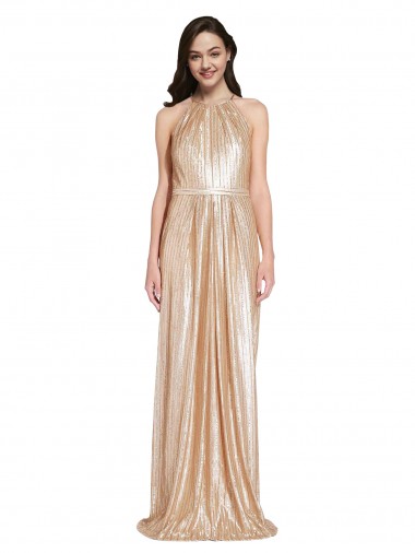 Cheapest Floor Length Halter Neck Sparkling Sequin Prom Dress with Pleats UK