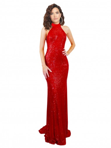 Cheapest Halter High Neck Mermaid Open Back Sequin Prom Dress UK