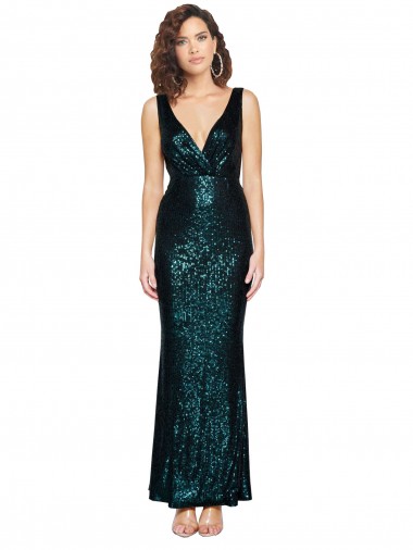 Cheapest V-Neck Full Length Sequin Prom Dress with Draped Back UK