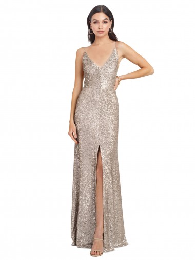 Cheapest V-Neck Fully Sequin Prom Dress with V-Back and Front Slit UK