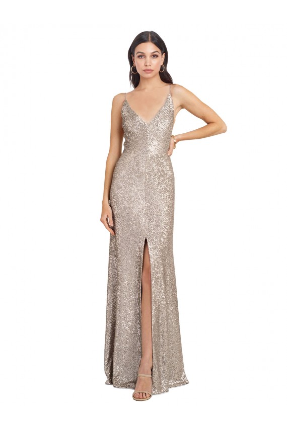 Cheapest V-Neck Fully Sequin Prom Dress with V-Back and Front Slit UK