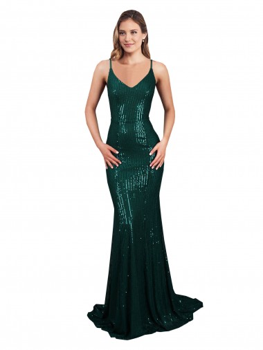 Cheapest Fishtail Shaped V-Neck Open Back Long Sequin Prom Dress UK