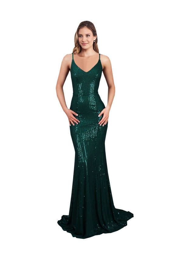 Cheapest Fishtail Shaped V-Neck Open Back Long Sequin Prom Dress UK