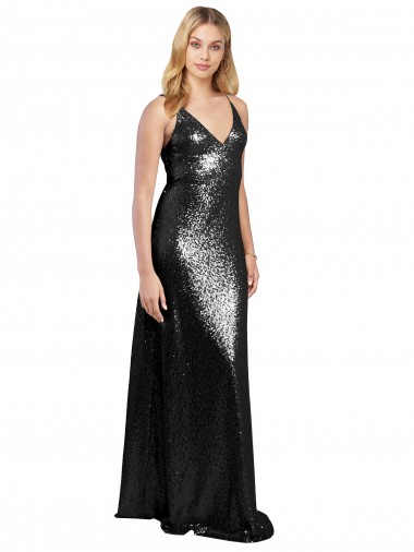 Cheapest Full Length A-Line Sequin Prom Dress with Spaghetti Straps V-Neckline UK