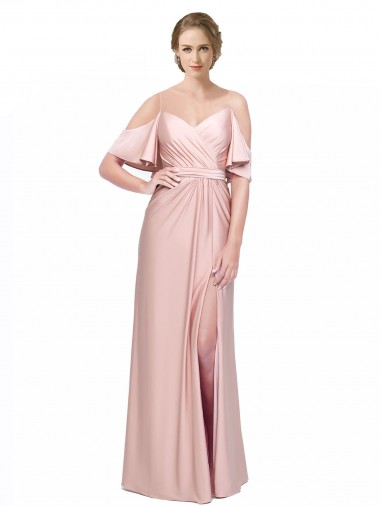 Cheapest Draped Cold Shoulder Sleeves Long Silky Satin Prom Dress with Slit and Tie Back UK