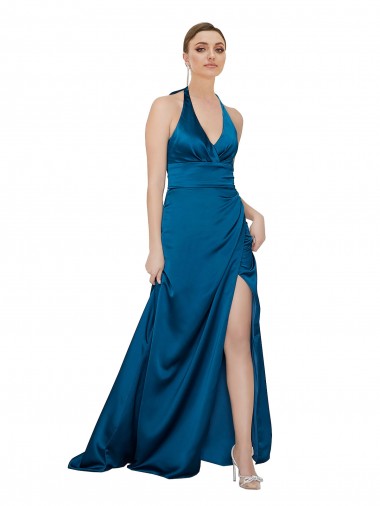 Cheapest Halter Neck Silky Satin Prom Dress UK