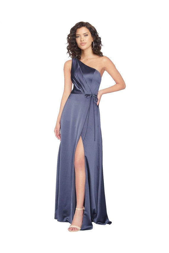 Cheapest Draped Silky Satin Prom Dress with Tied Waist UK