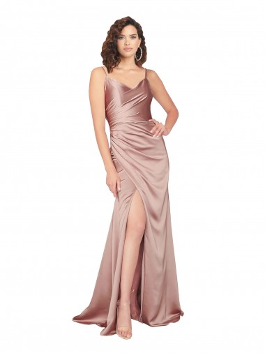 Cheapest Floor Length Silky Satin Prom Dress with Front Skirt Slit UK