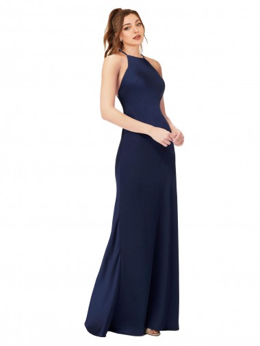 Cheapest High Neck Satin Prom Dress with Strappy Back UK