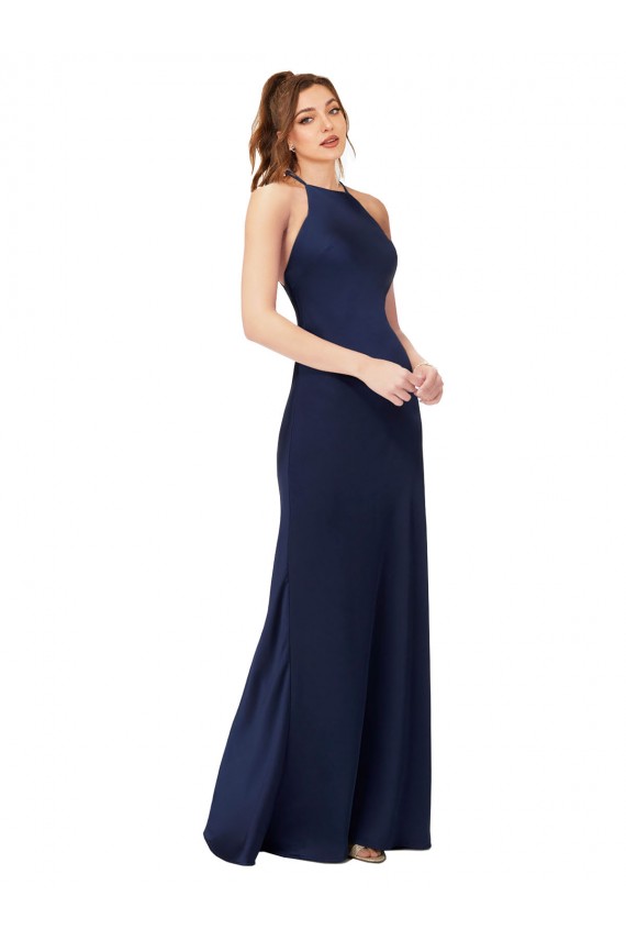 Cheapest High Neck Satin Prom Dress with Strappy Back UK