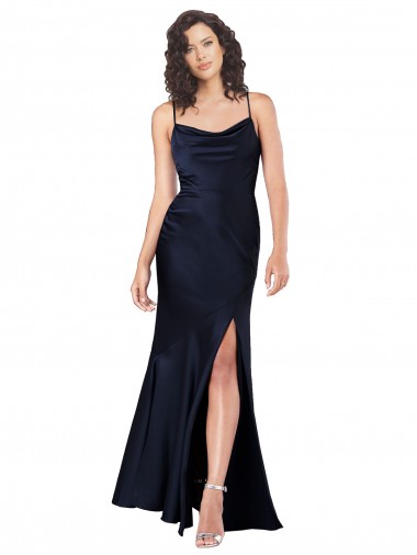 Cheapest Draped Cowl Neck Silky Satin Prom Dress with Skirt Slit UK