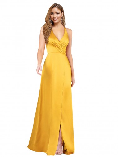 Cheapest Halter A-Line Silky Satin Prom Dress with V-Neckline and Slit UK