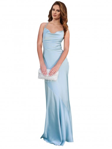 Cheapest Open Back with Ties Cowl Neck Sheath Silky Satin Long Bridessmaid Dress UK