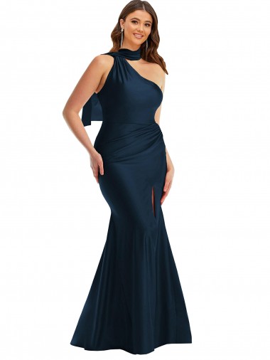 Cheapest Scarf Neck One Shoulder Silky Satin Mermaid Prom Dress with Front Slit UK