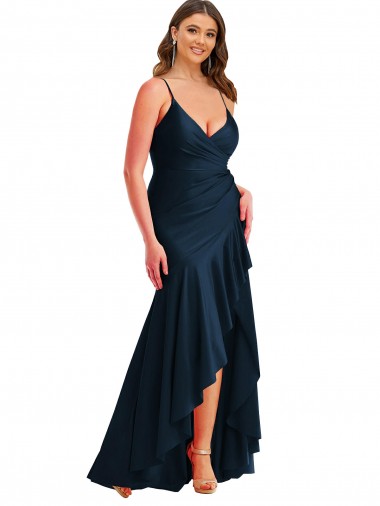 Cheapest Pleated Wrap Ruffled High Low Silky Satin Prom Dress UK