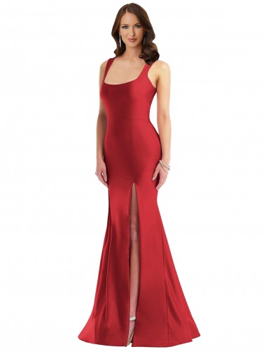 Cheapest Square Neck Silky Satin Mermaid Prom Dress with Side Slit UK