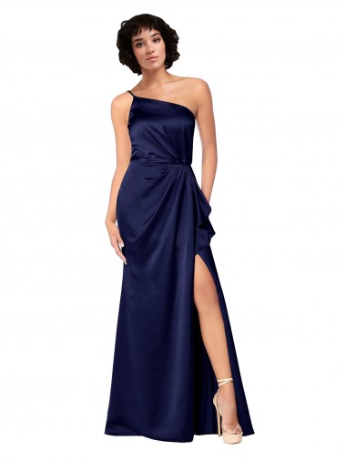 Cheapest One Shoulder Silky Satin Prom Dress with Skirt Slit UK