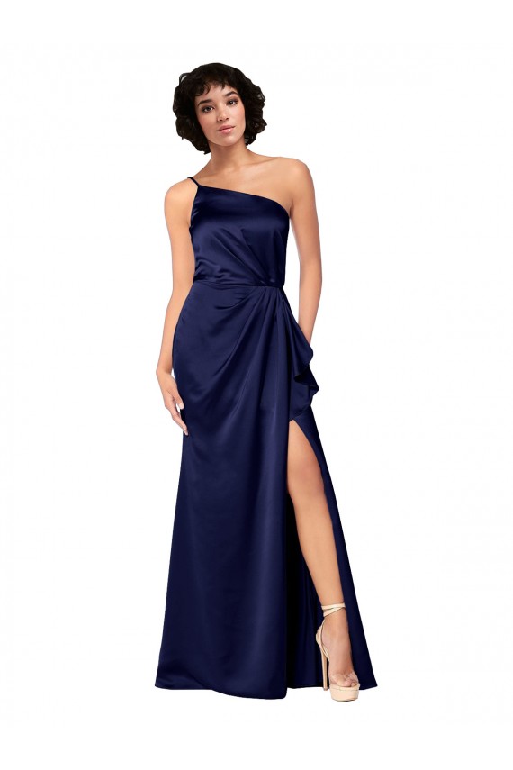 Cheapest One Shoulder Silky Satin Prom Dress with Skirt Slit UK