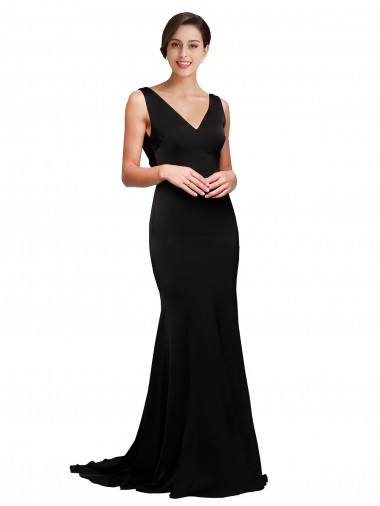 Cheapest V-Neck Full Length Silky Satin Prom Dress with Soft Cowl Neck and Sweep Train UK