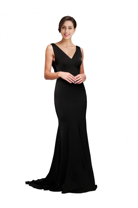 Cheapest V-Neck Full Length Silky Satin Prom Dress with Soft Cowl Neck and Sweep Train UK