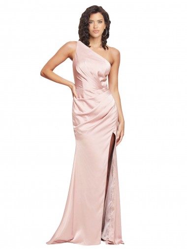 Cheapest Full Length Ruched Silky Satin Prom Dress with Low Back and High Split UK