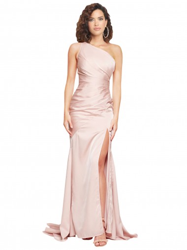 Cheapest Full Length One Shoulder Long Silky Satin Prom Dress with High Split UK