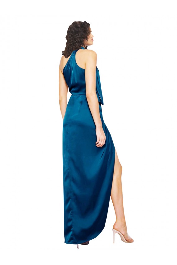 Cheapest High Halter Neck Silky Satin Prom Dress with Sash Overlay and Side Split UK