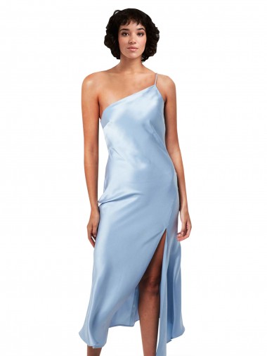 Cheapest Midi Length Short Silky Satin Cocktail Prom Dress / Homecoming Dress with Asymmetric Neckline and High Side Split UK