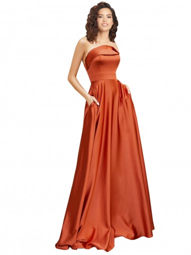 Cheapest Strapless Sweep Train Silky Satin Prom Dress with Pleats UK