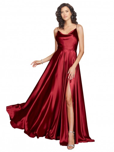 Cheapest Cowl Neckline Long Silky Satin Prom Dress with Spaghetti Straps UK